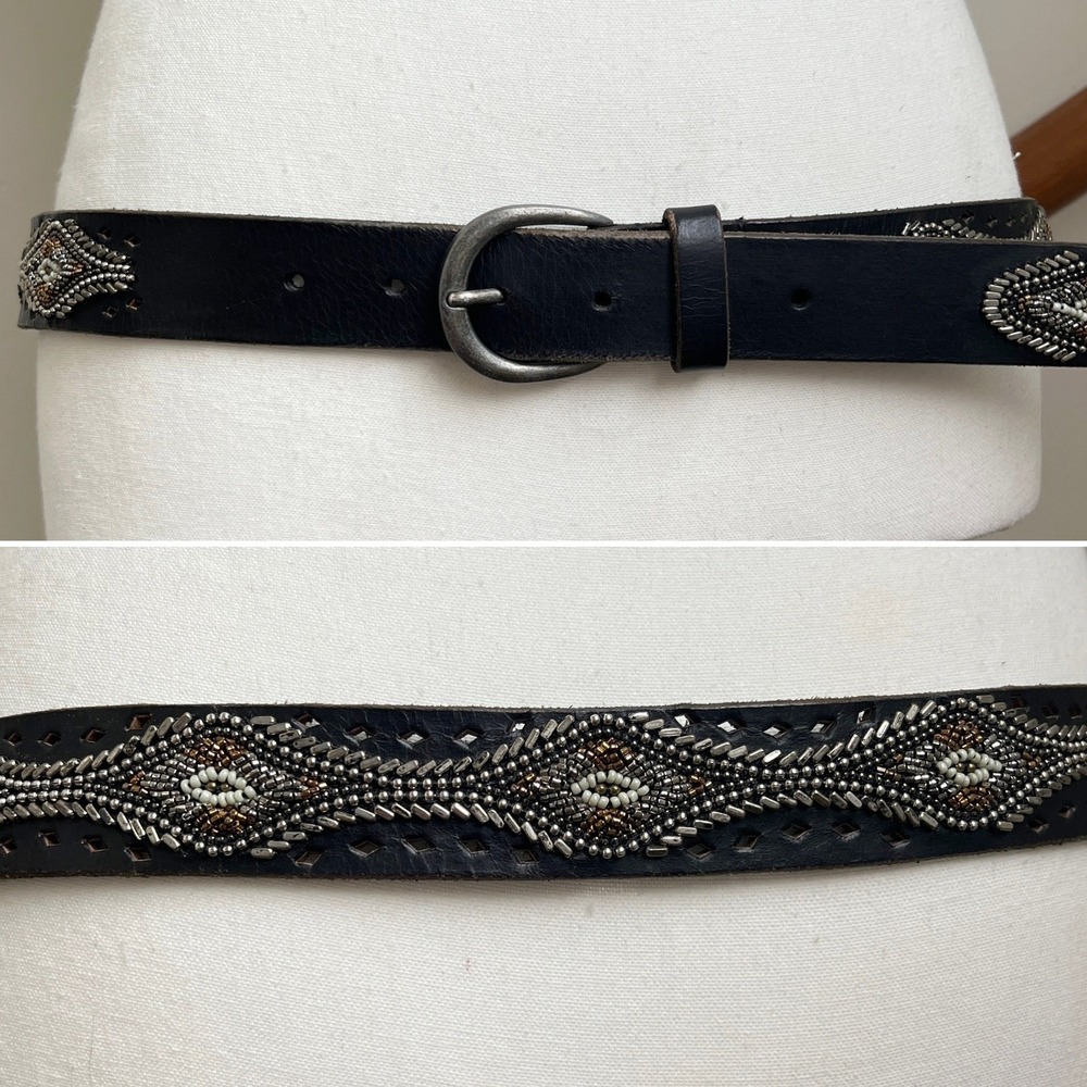 Lucky Brand Leather Belt M Black Beaded Diamond Western Boho Statement Y2K